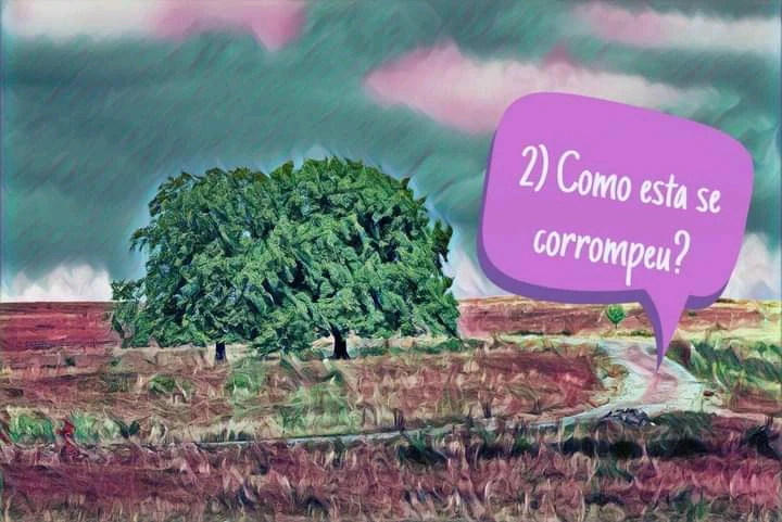 Paisagem com apenas duas árvores, horizonte ao fundo cheio de nuvens. À frente, está escrito o tema do texto.