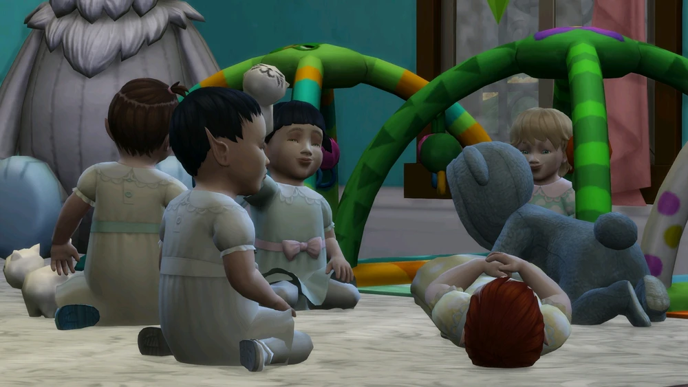 Six sims infants sitting on the floor together, they are Spellcasters and all have pointed ears. Some have strange eyes.