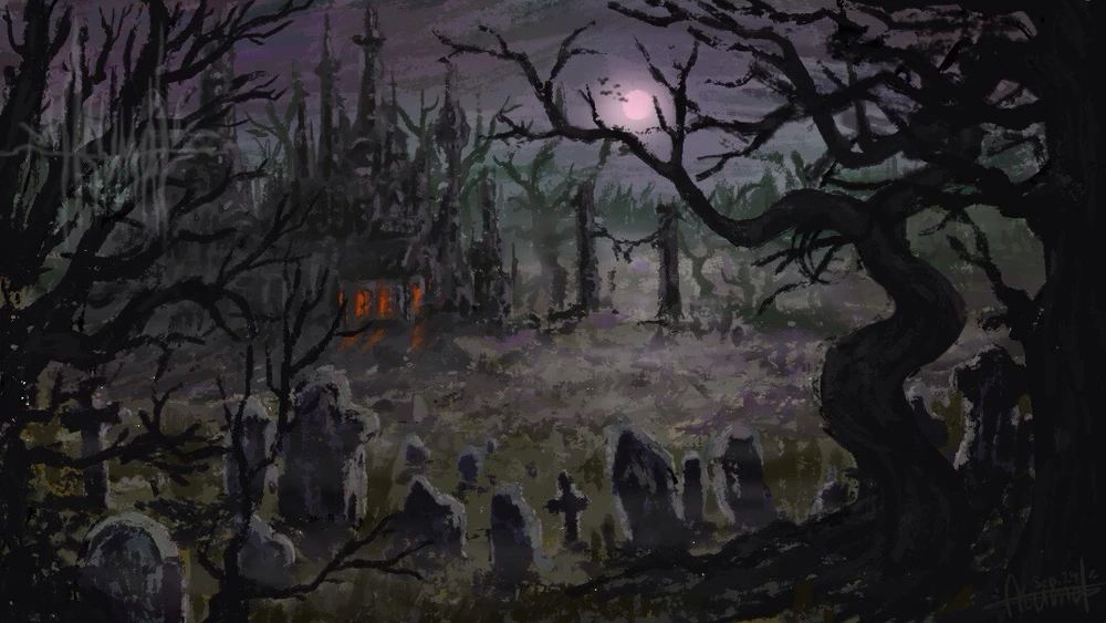 Dark gothic landscape illuminated by a full moon, in the background is a cathedral, in the front a graveyard.