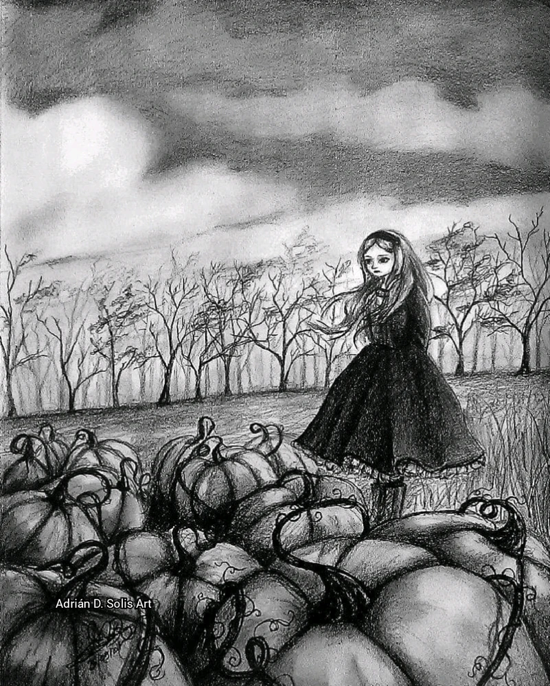 Niña en un campo de calabazas. ilustración inspirada en el ambiente otoñal.