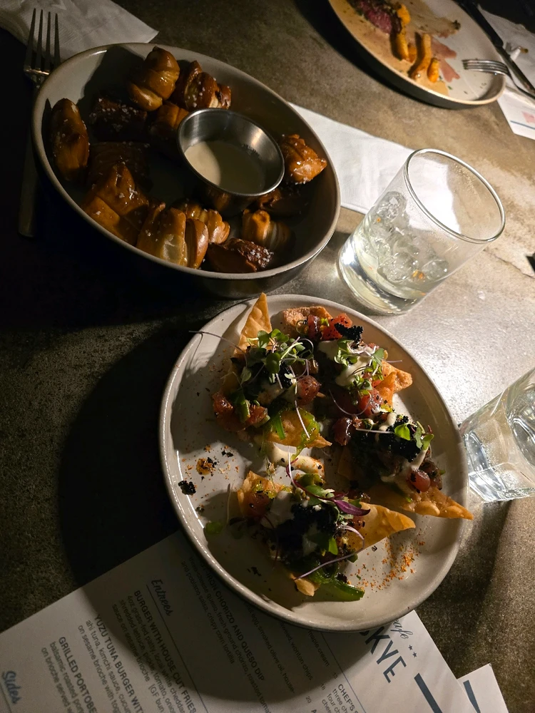 Bavarian Pretzel Bites w/ Maple Dijon Cream 
&
Tuna Poke Nachos