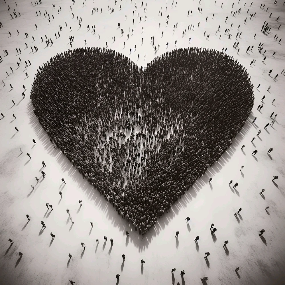 Menschen stehen so zusammen, dass sie eine große Herzform bilden, die Wärme und Zusammenhalt symbolisiert.