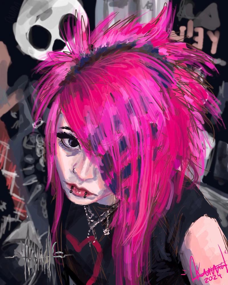 Digital portrait of a scene girl with bright pink hair and lip piercings.