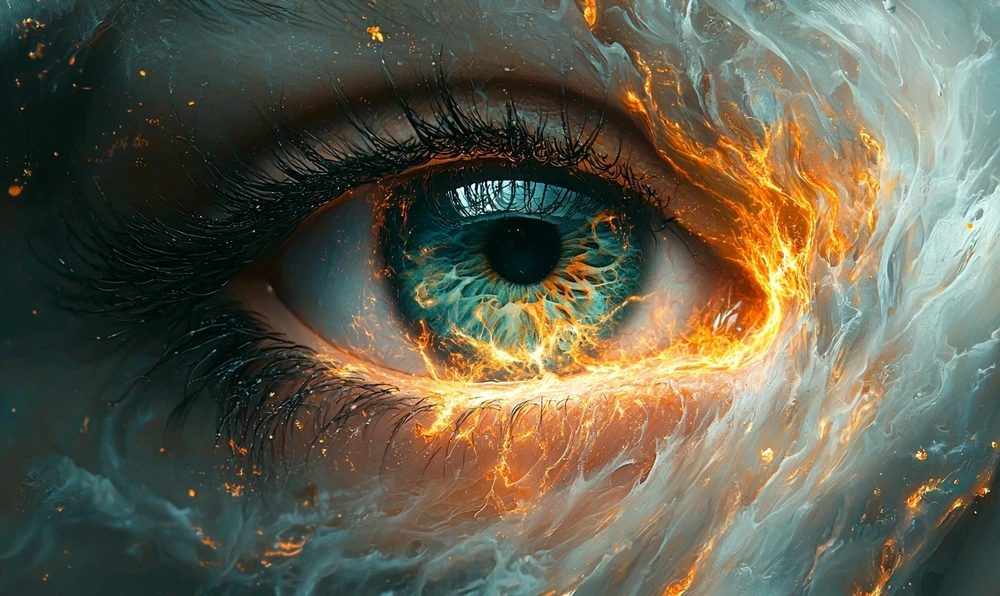 Close up of a blue-green human eye with fantasy elements of wind, water and fire magic. 