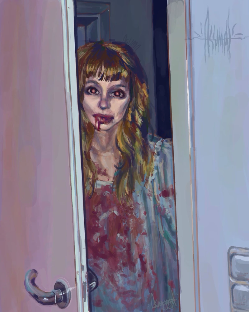Creepy girl wearing a bloodied dress, with glowing red eyes standing in a doorway.