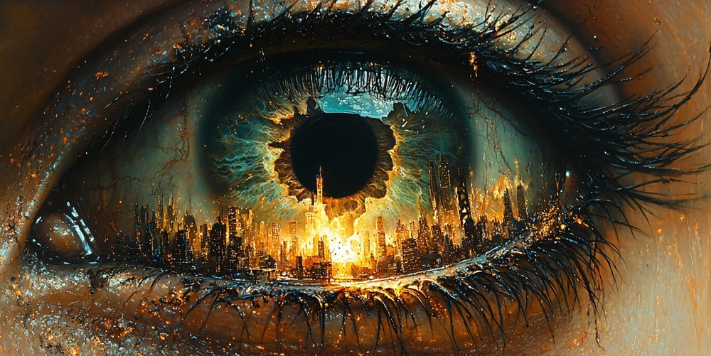 Extreme close up of a pupil depicting the end of the world