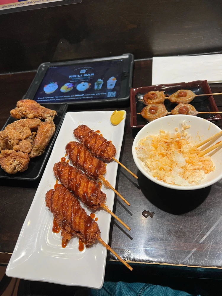 nagoya style wings, grilled pork with plum sauce and chicken kushikatsu and ofc. rice!