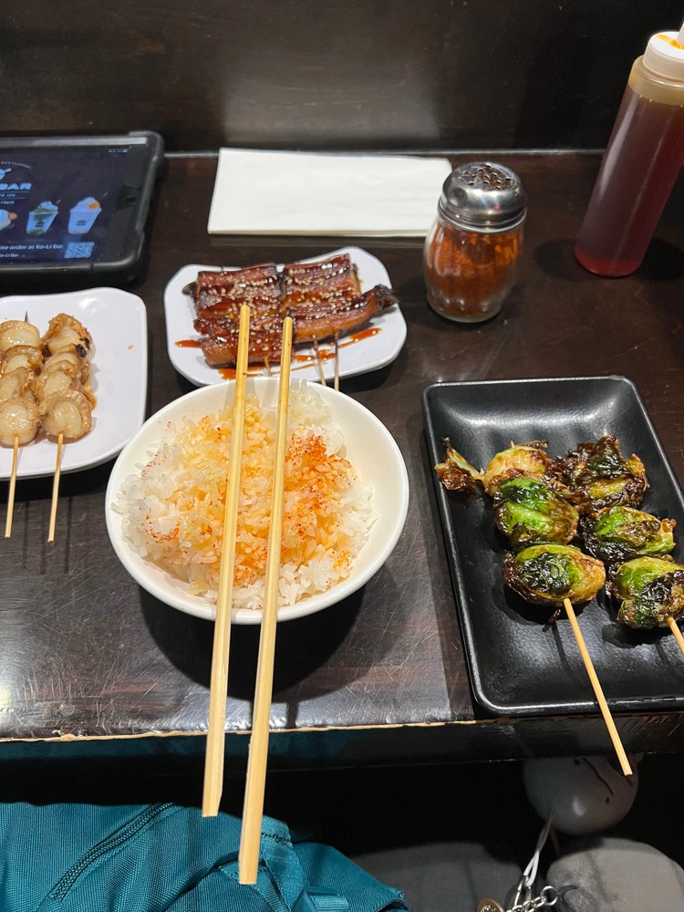 brussel sprouts, unagi, scallops