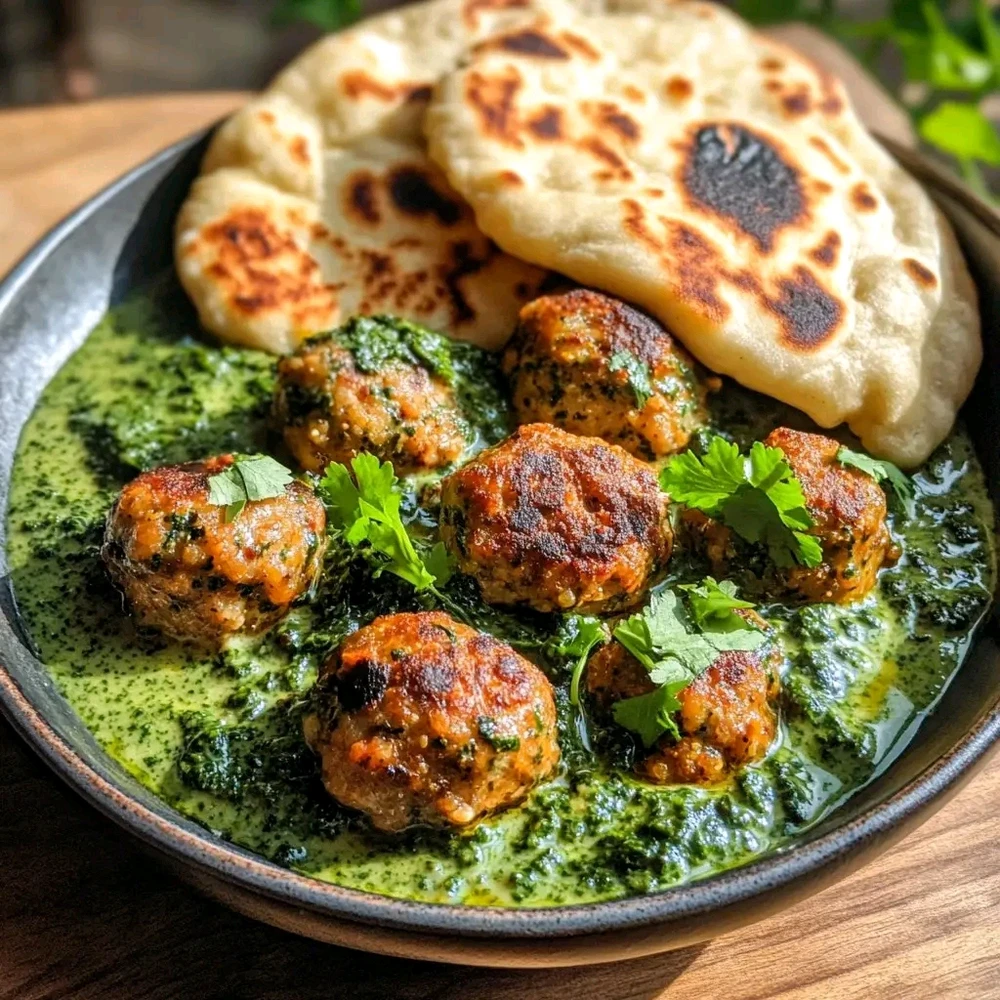 Boulettes Délicieuses de lentilles et Champignons avec sauce épinards et pain Naan à l'ail