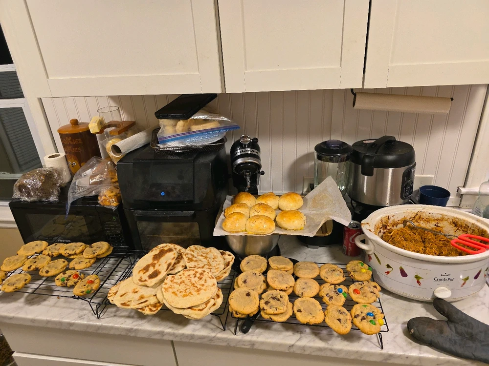 Friday night spread, BBQ-curry pulled chicken, homemade buns, homemade naan, and homemade chocolate chip chip/m&m cookies!
