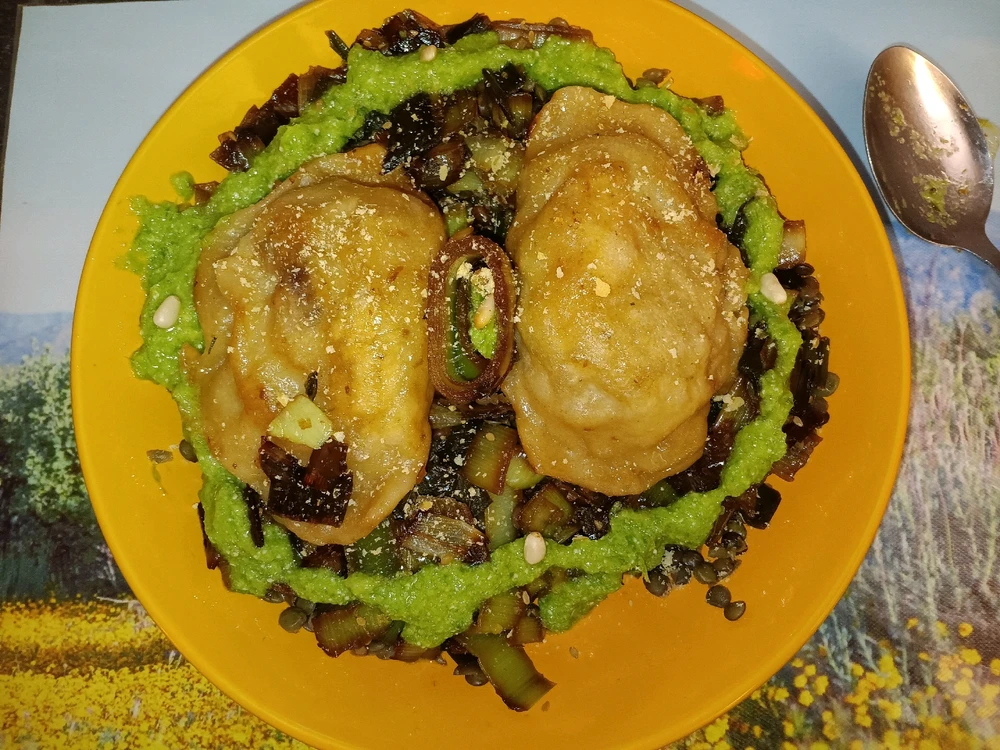 Reste de lentilles mélangées à des poireaux à l'asiatique, recouvert de 2 gyozas et pesto de vert de poireaux