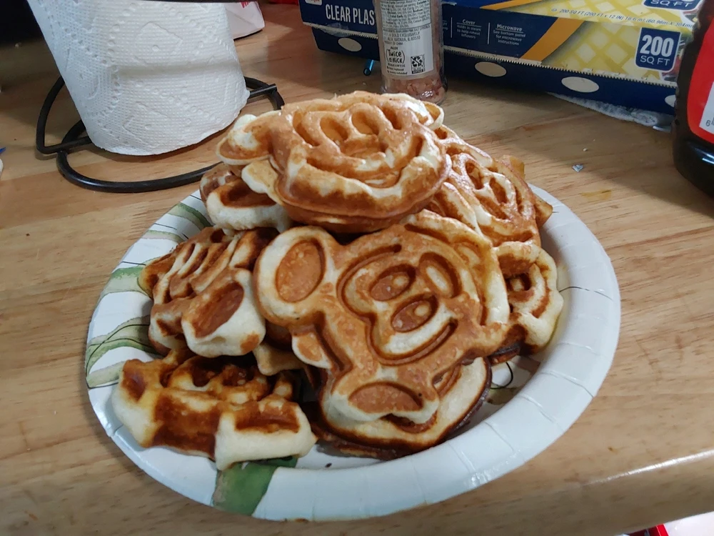 The same plate of 20 six inch mickey waffles, from a different angle. To show the waffle mickey mountain more effectively. 