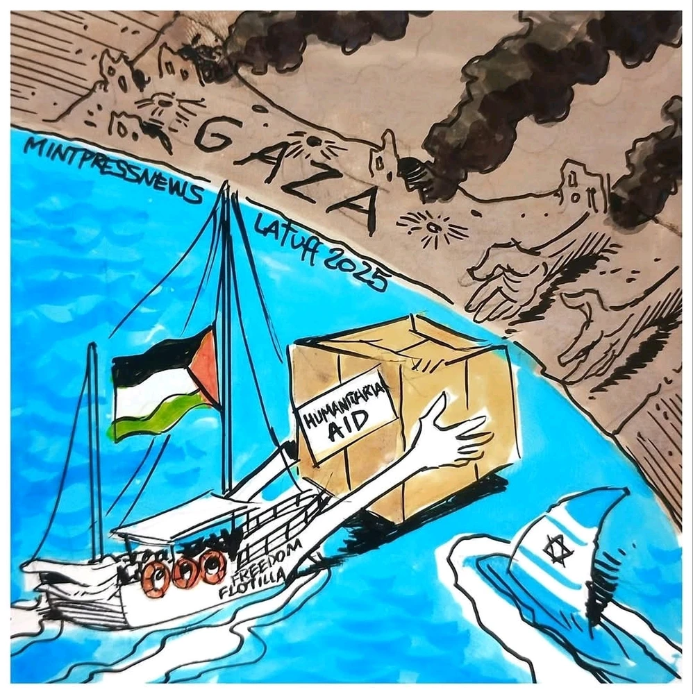 Brazilian cartoonist Carlos Latuff's latest work on the Freedom Flotilla Coalition's Madleen vessel en route to Gaza.
