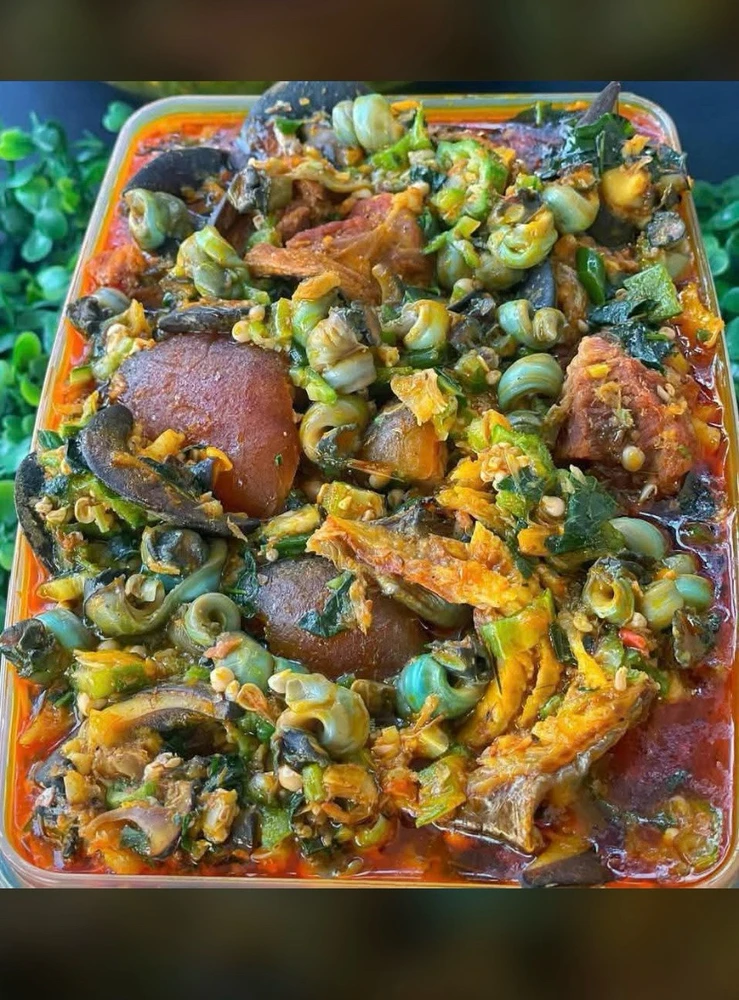 Okro soup with Pomo,fish, snail, meat, perewinkle 