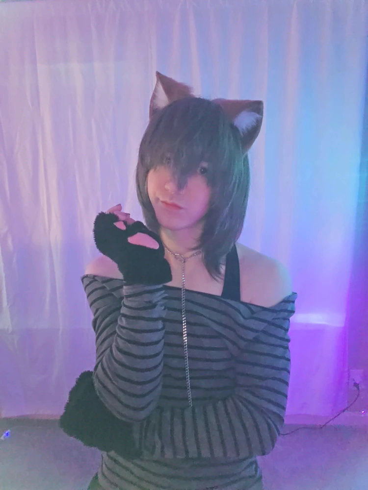 Cute femboy transgirl egirl wearing alt clothes and fingerless paw gloves with kemonomimi ears