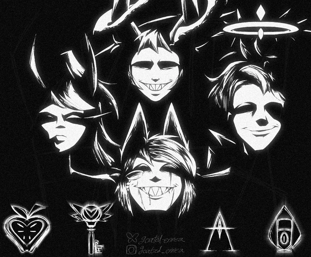 Top: Lucifer Morningstar
Left: Charlie Morningstar
Right: First Man - Adam
Bottom: Alastor the Radio Demon