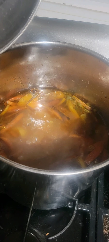 Roasted contents with veggie broth to make a beef bone broth.