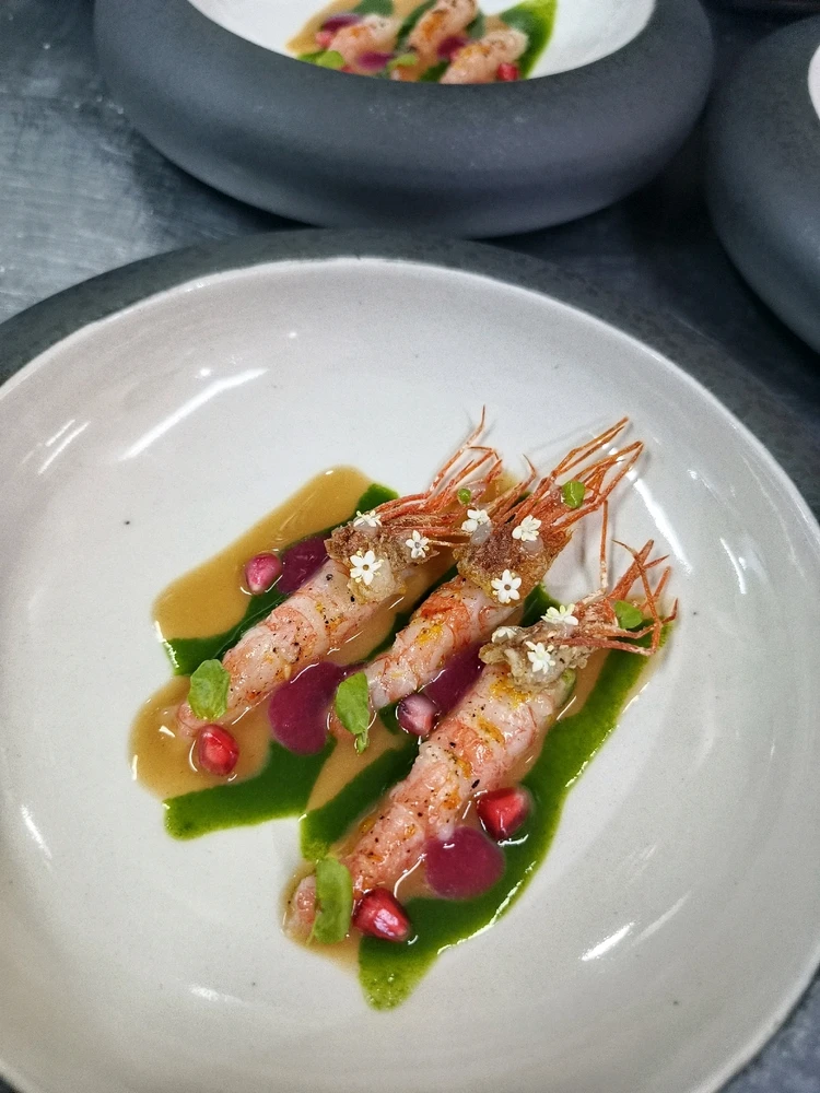 Aka Ebi with a shrimp bisque & parsley oil