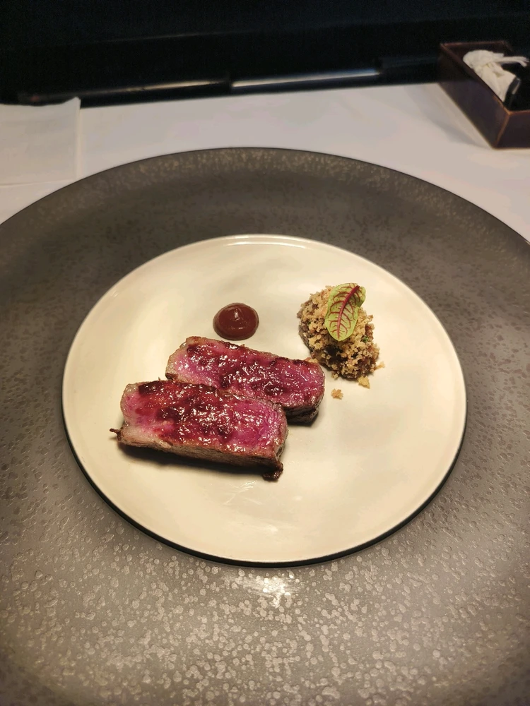 MB8 Ribeye with a beef jus & banana heart quinelle