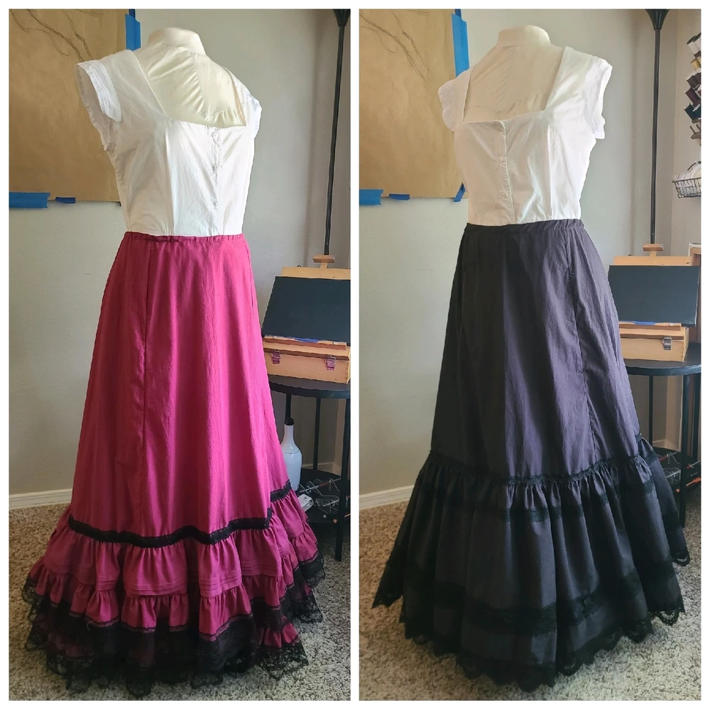 Two petticoats made from white muslin, dyed the fabric myself.