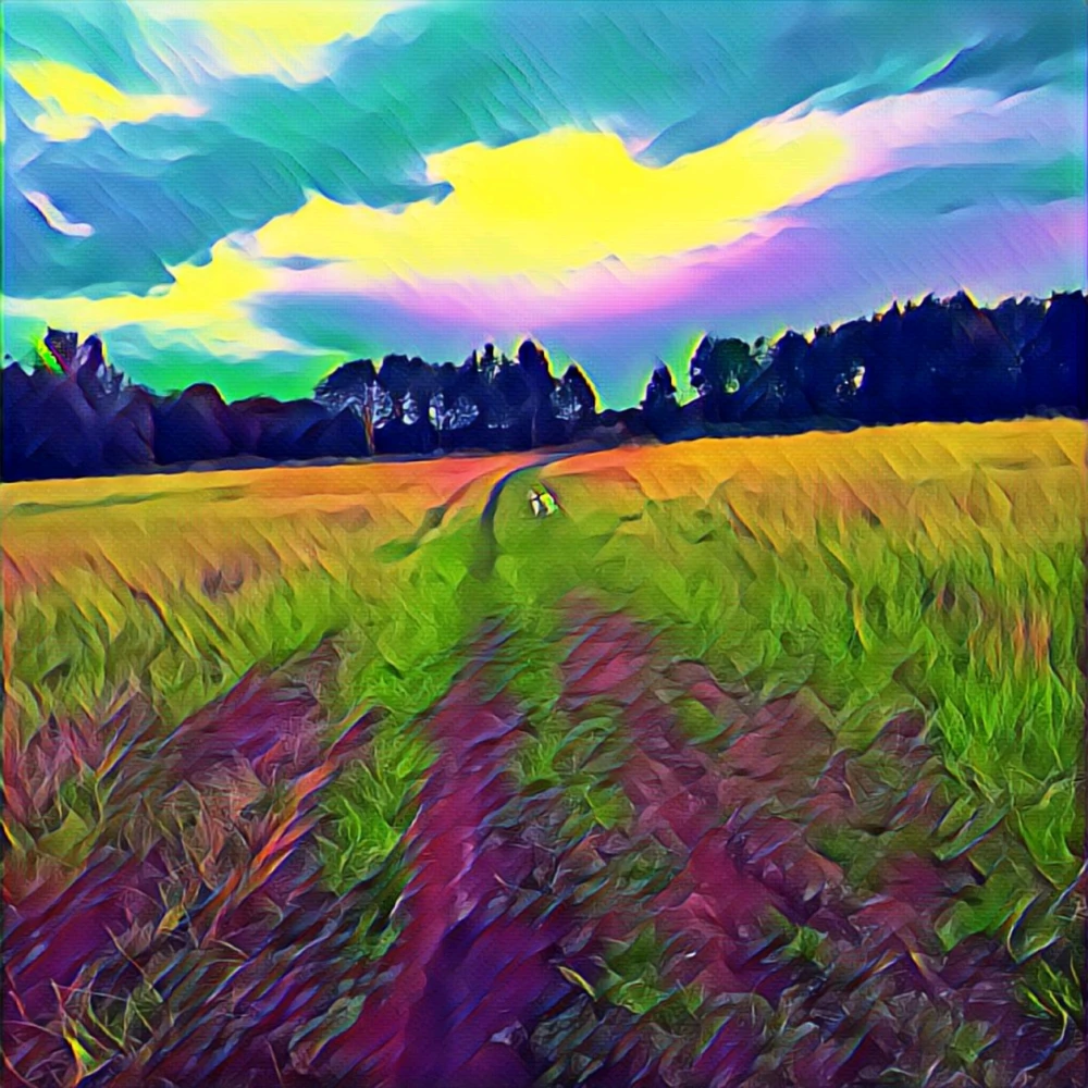 A vivid dreamscape of swirling skies and golden fields, where a small white dog waits on a path through living color.
