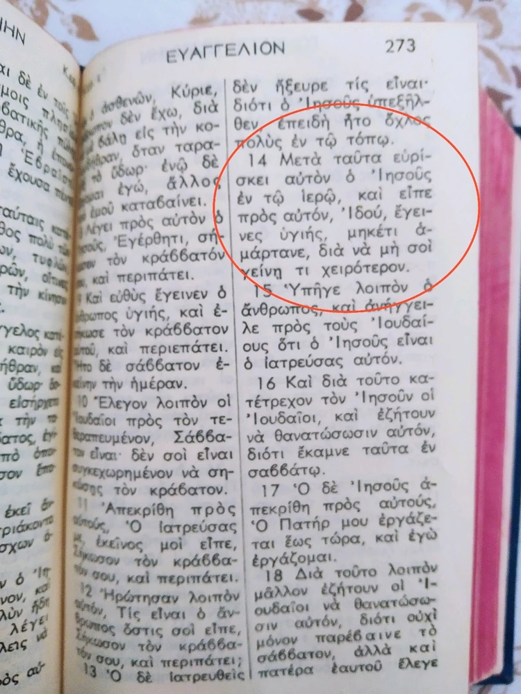 βρίσκει λοιπόν Ο Ιησούς τον άνθρωπο και του λέει: "Προσεξε μην κάνεις παλι τις αμαρτιες διότι θα πάθεις πάλι τα ίδια ".