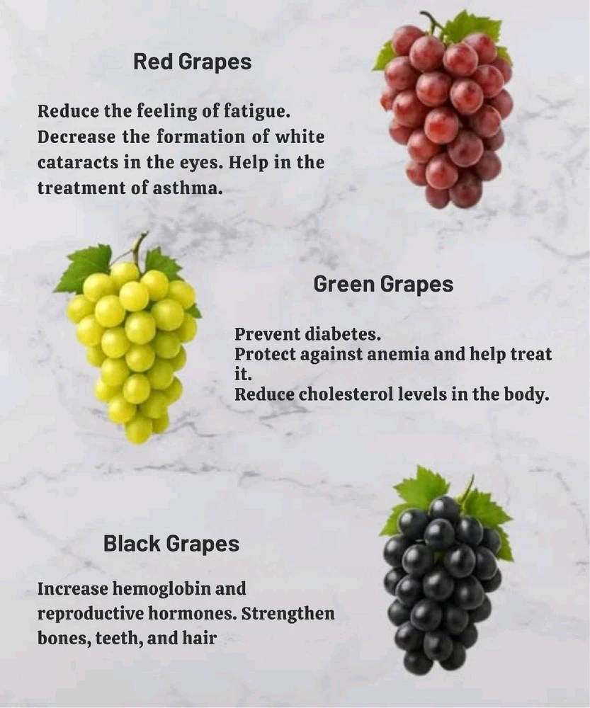 🍇 Benefits of Grapes 🍇
🍷 Red Grapes
✨ Reduce fatigue
✨ Reduce cataracts
✨ Help treat asthma
💚 Green Grapes
✨ Prevent diabetes
✨ Protect against anemia
✨ Reduce cholesterol in the body
🖤 Black Grapes
✨ Increase hemoglobin and reproductive hormones
✨ Strengthen bones, teeth, and hair