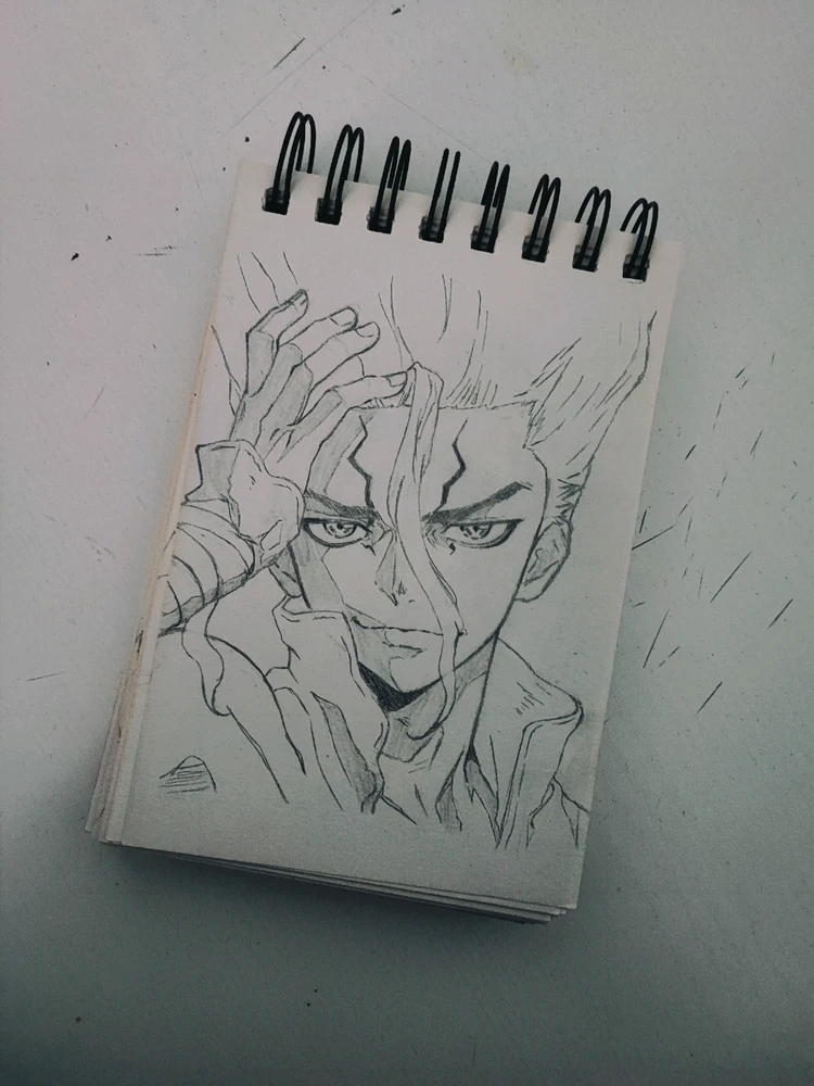 Un croquis de Senku dans Dr.Stone