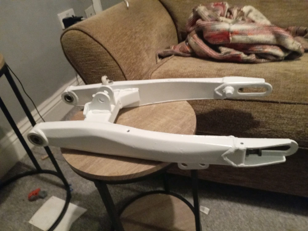Swing arm has been painted, and bearings oiled with the spacers polished