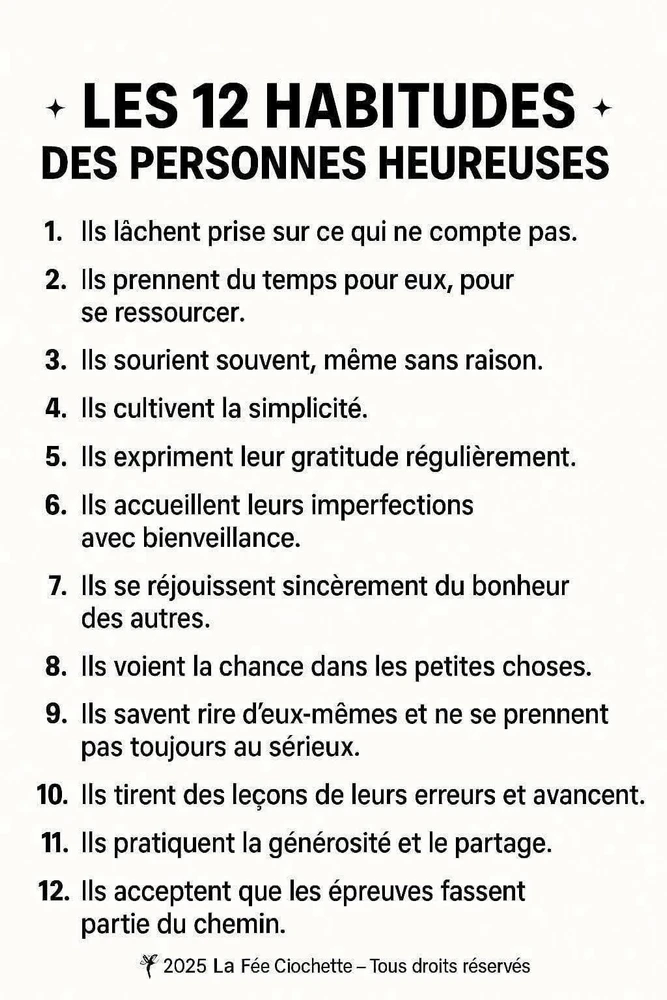 Les 12 habitudes des personnes heureuses 😊