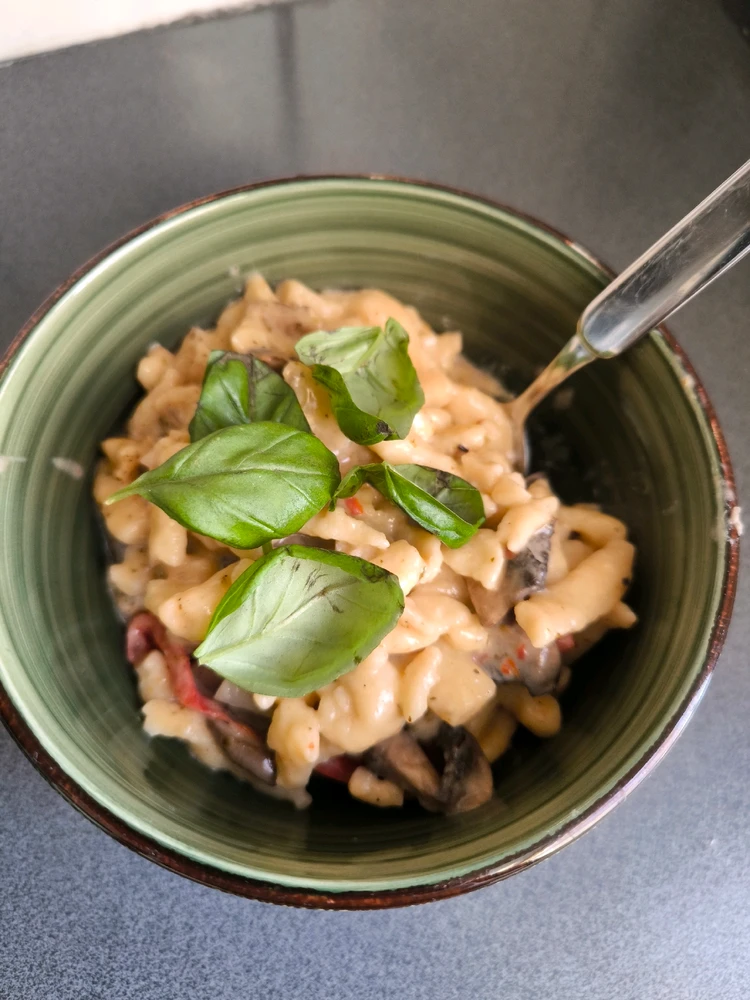 Spätzle aus Dinkel, in Pilz Paprika Frischkäse Soße.