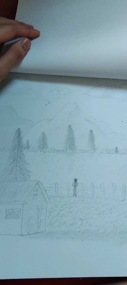 A sketch of a landscape with a farmer looking out in the distance with pine trees and mountain towering from afar