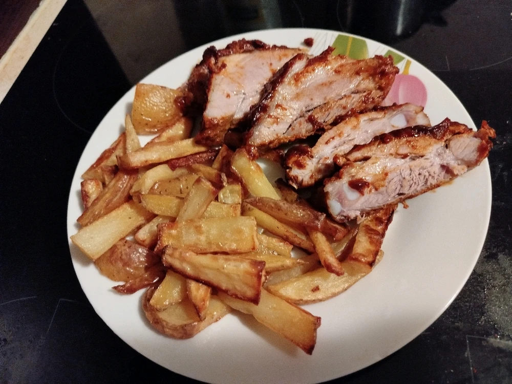 Homemade fries and BBQ ribs