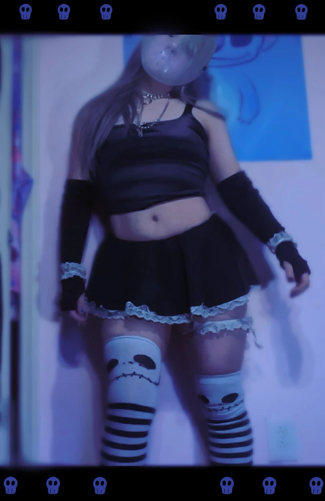 I need someone to watch scary movies with . Or play scary video games .

This was my Halloween costume I ended up changing the skirt cause it was kinda short . Let’s talk about spooky decor and goth things /fashion style in general ? Or dark romance shows /movies.