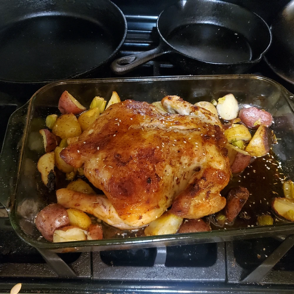 Roast chicken my kid made and Shepherds Pie I made
