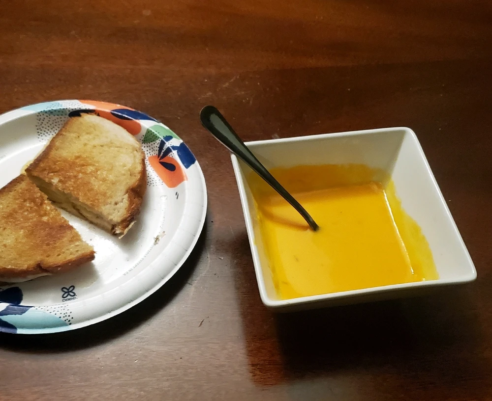 More food (I did the quiche, butternut soup and grilled cheese, and the fish and chips, kid did the banana muffins, steak with roasted squash and potato pancakes, and the salmon with green sauce