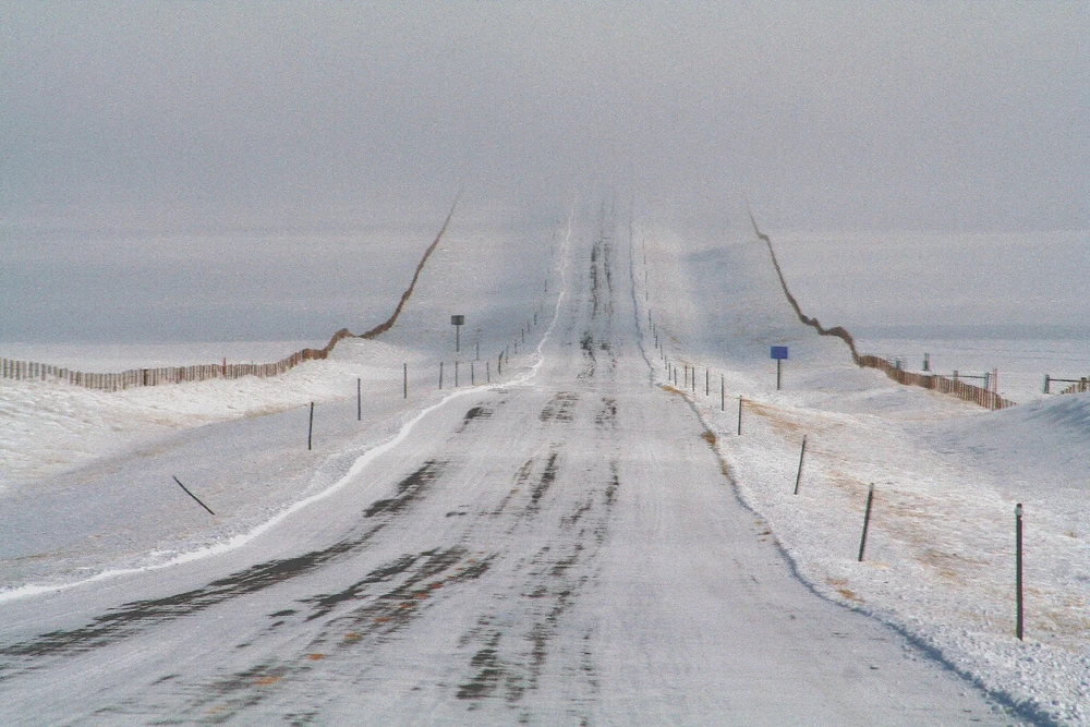 Snowy highway in Wyoming