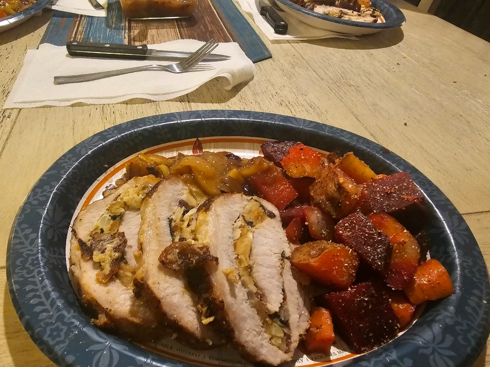 Stuffed pork chops with beets & potato melody