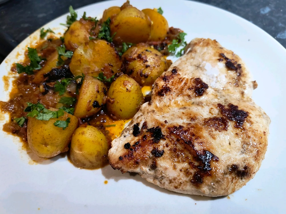 Simple but delicious dinner - chicken steak with Bombay potatoes