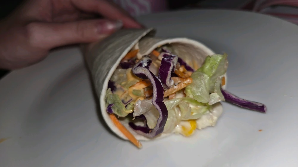 Very late Brunch- cuppa (english tea with the leftover chicken & sweetcorn and crunchy salad, little bit of burger sauce)