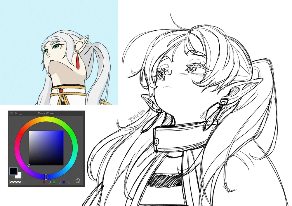 Screenshot of a digital drawing of Frieren looking up alongside the original artwork being referenced.