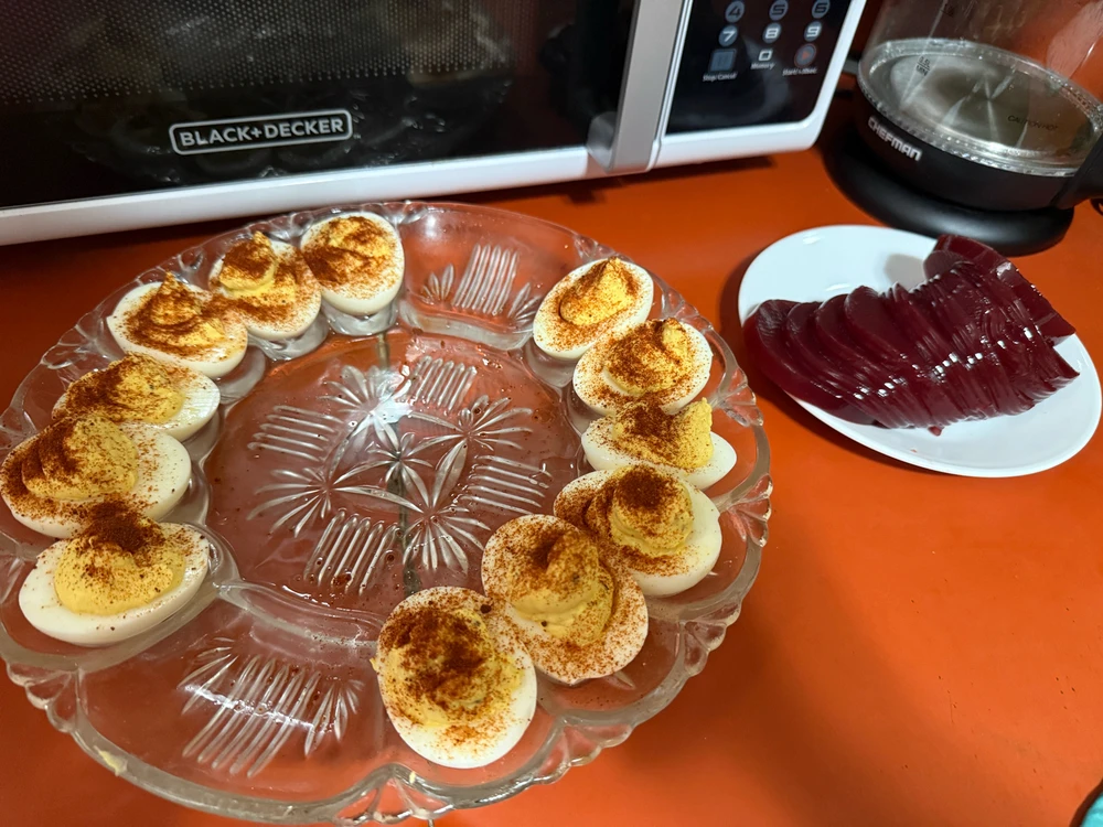 Classic Deviled eggs with the obligatory canned cranberry sauce.