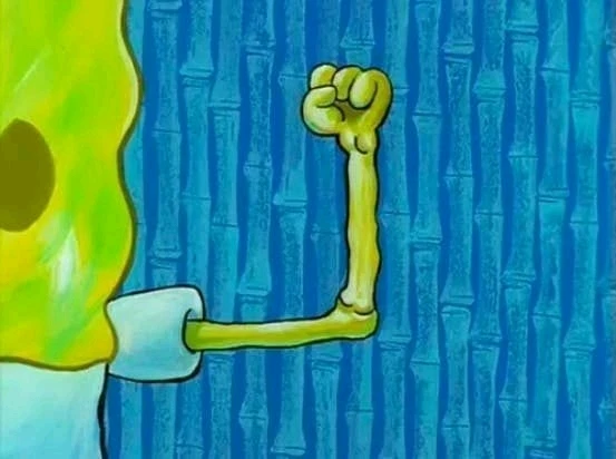 Cartoon character SpongeBob flexing his arm but there is no muscle.  