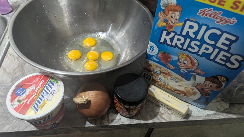 Bed volution One stick of butter, five eggs, half an onion diced tablespoon of beef bouillon in about 6 cups of cereal one th