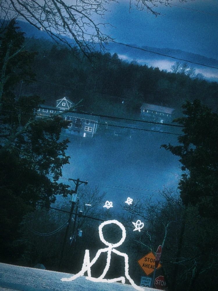 A stick figure, looking over the foggy horizon, reminiscent of silent hell