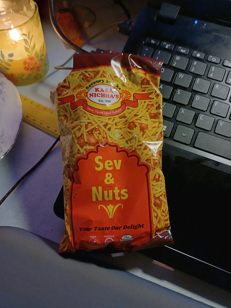 A packet of Sev and Nuts savoury snack