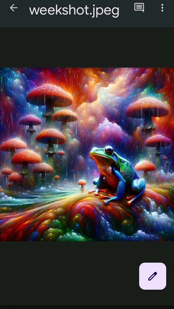 Raining rainbow mushroom forest with a frog happily dewy