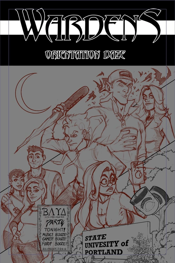 The pencil sketch, with some final lines added in. 