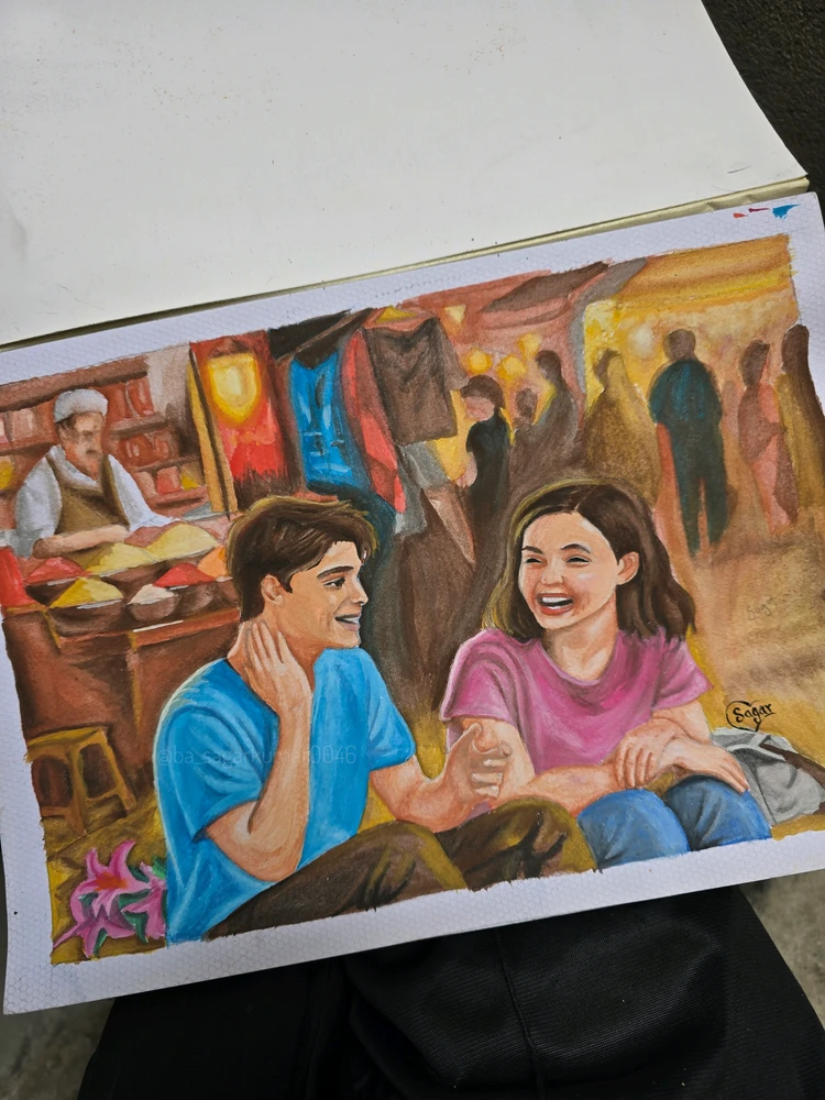 A Water color painting on canvas of two friends meeting for the first time. The boy is sharing his stories with the girl. 