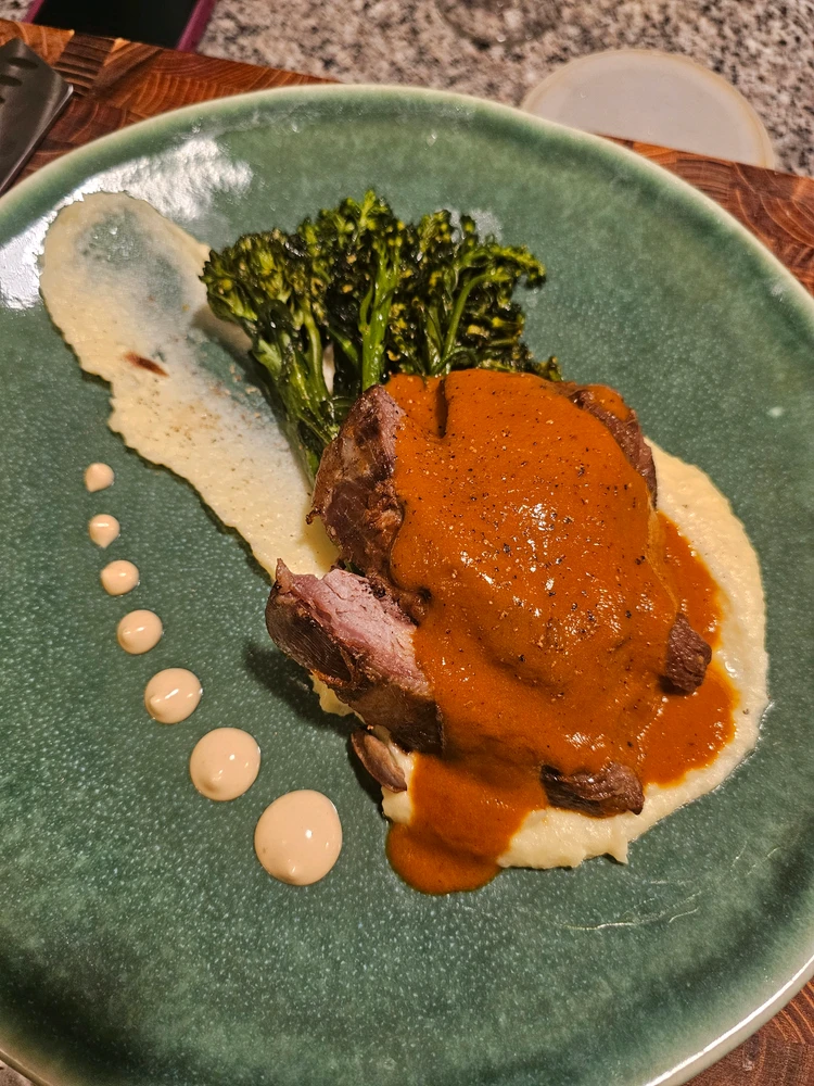 Braised Pork Butt with Pomme Puree and Charred Broccolini